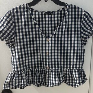 Nasty Gal Navy Checkered Ruffle Blouse